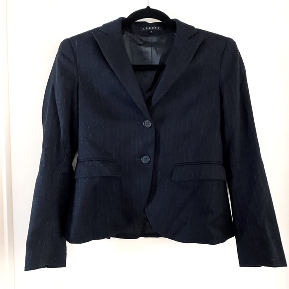 Theory Navy Blue Wool Blend Pinstripe Blazer - Picture 1 of 3